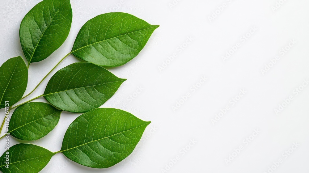 A photostock of crisp, green leaves placed naturally, scattered evenly across a clean white surface for a fresh and eco-friendly visual theme. High Quality A photostock of crisp, green leaves placed naturally, scattered evenly across a clean white surface for a fresh and eco-friendly visual theme. High Quality