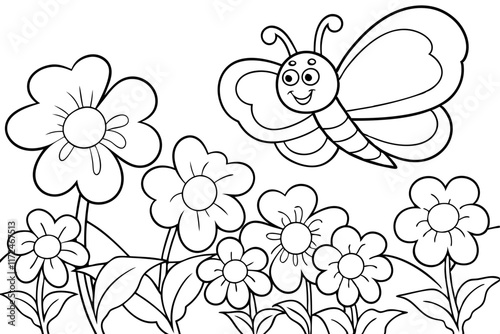 Cute Cartoon Butterfly and Flowers Coloring Page for Kids