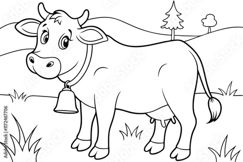Adorable Cow Coloring Page Farm Animal, Pasture, Bell, Cartoon