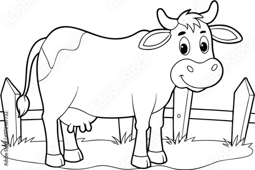 Happy Cow in Pasture, Black and White Farm Illustration