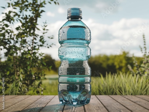 Refreshing Water Bottle on a Wooden Deck Outdoors photo