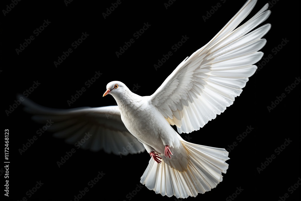 Fototapeta premium A white dove gracefully flying with wings fully extended, set against a dark background. Symbol of peace, purity, and hope. Ai generative