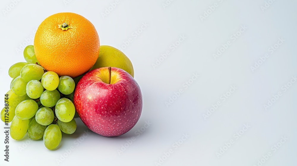 A photostock of a collection of assorted fresh fruits, including apples, grapes, and oranges, displayed vibrantly on a clean white background. High Quality A photostock of a collection of assorted fresh fruits, including apples, grapes, and oranges, displayed vibrantly on a clean white background. High Quality
