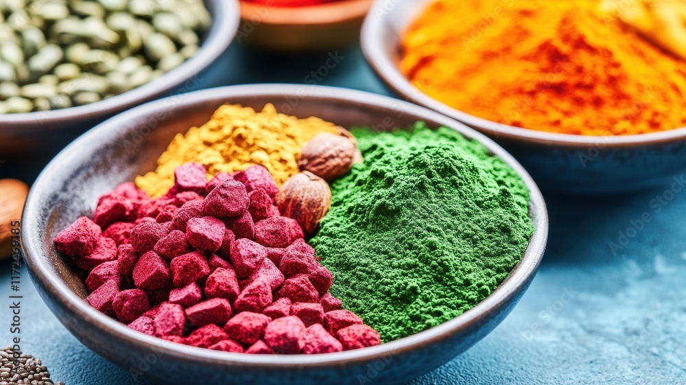 Vibrant close-up of a plate brimming with nutritious superfoods, showcasing nature's colorful bounty. Vibrant close-up of a plate brimming with nutritious superfoods, showcasing nature's colorful bounty.