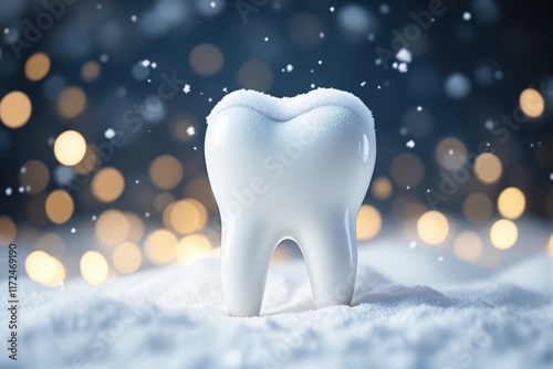 Frosted tooth in snow surrounded by glowing bokeh lights on a blurred background, symbolizing dental health, hygiene, and winter freshness. Ai generative