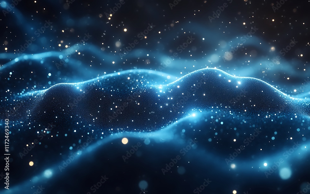Obraz premium Glowing blue particles wave abstract background.