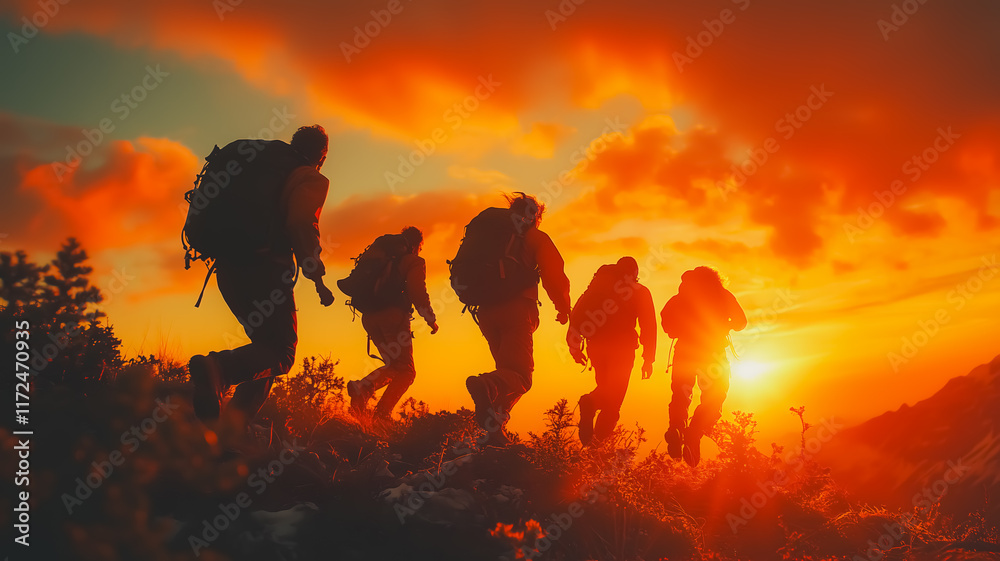 Fototapeta premium Hikers silhouetted against a vibrant sunset on a mountain ridge