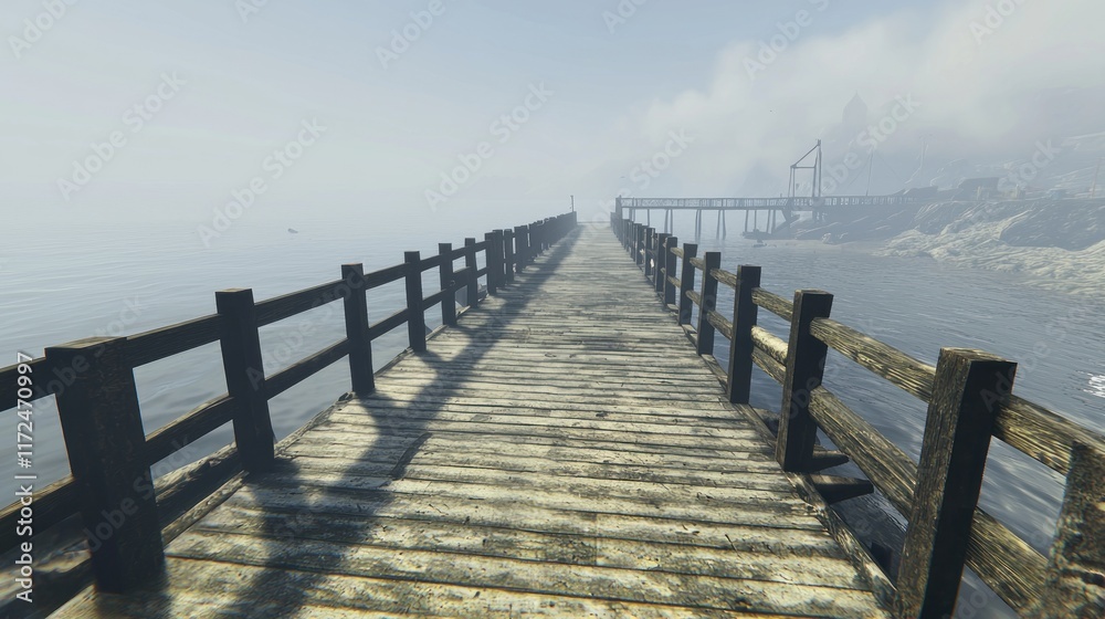 A serene wooden pier extending into a misty body of water. A serene wooden pier extending into a misty body of water.