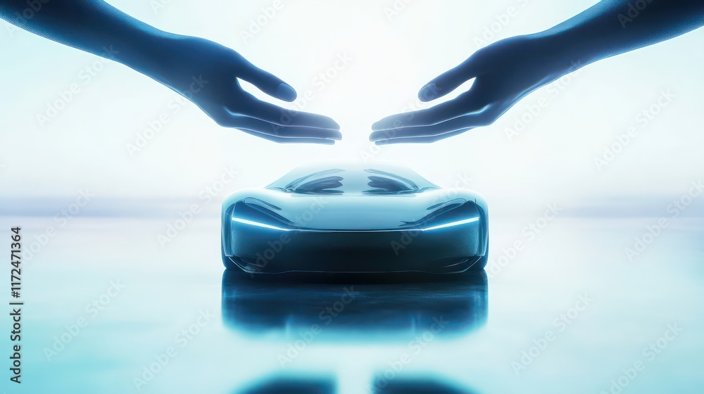 Fototapeta premium Futuristic Car Protection Concept with Hands and AI-Driven Technology – Modern Automotive Safety and Innovation