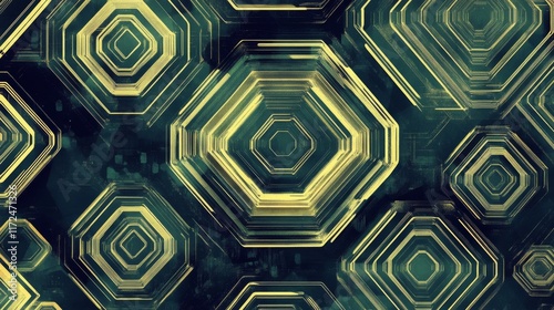 Abstract octagon shapes, glowing, dark green background.