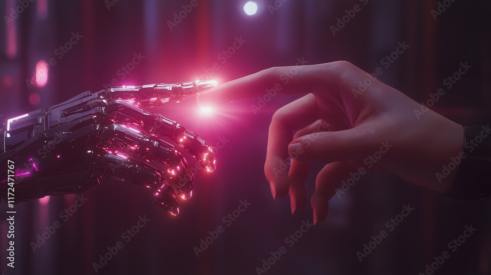 Cybernetic Connection: A human hand and a robotic hand touch, glowing with pink light, symbolizing the future of human-AI interaction. Cybernetic Connection: A human hand and a robotic hand touch, glowing with pink light, symbolizing the future of human-AI interaction.