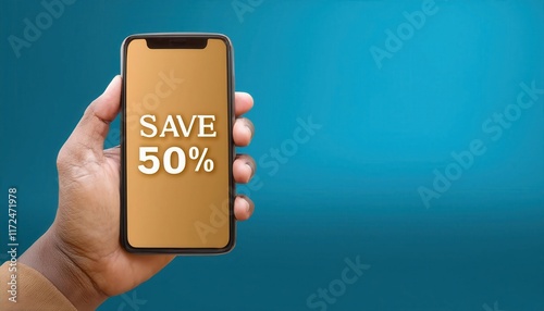 Smartphone displaying a promotional discount offer of 50%.