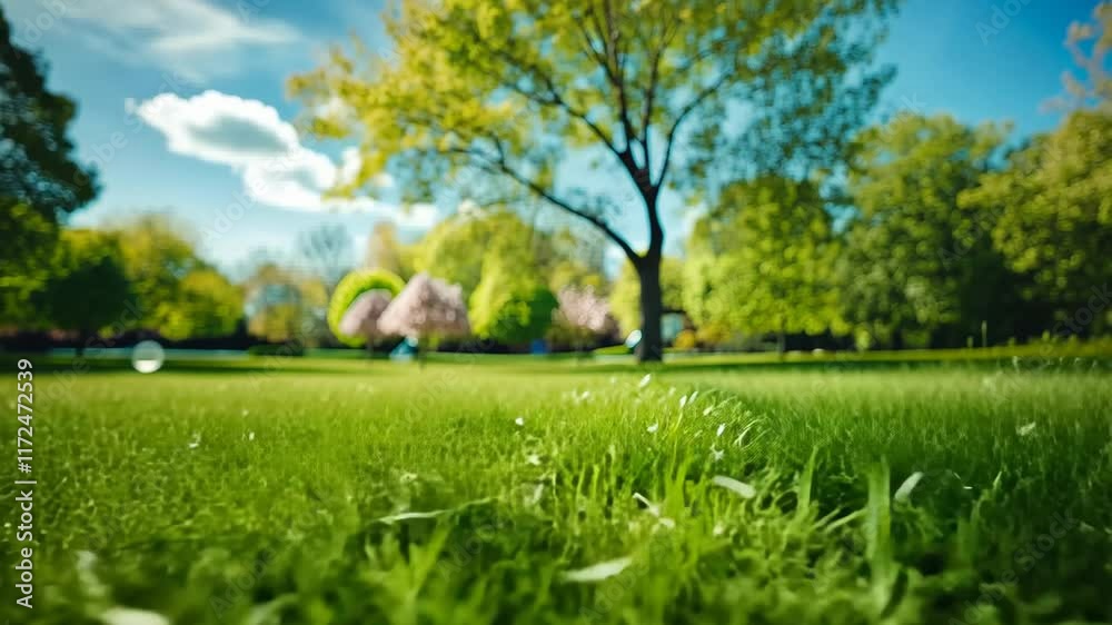 Park with a large green field and trees in the background. The grass is lush and the sky is clear Park with a large green field and trees in the background. The grass is lush and the sky is clear
