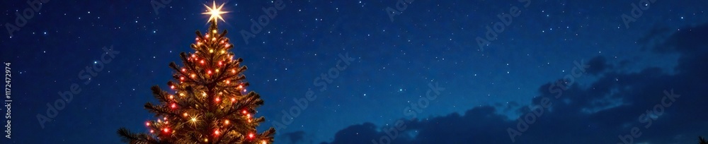 Fototapeta premium Sparkling Christmas tree lights against a dark blue sky, Holiday Cheer, Dark Blue Skies, Starry Night