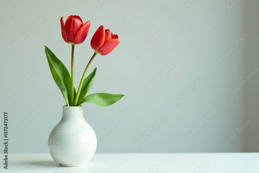 A single long-stemmed red tulip in a white vase, flower, clear A single long-stemmed red tulip in a white vase, flower, clear