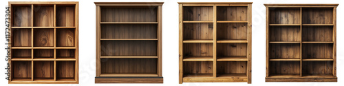 Tall wooden bookcase with open shelves cut out for easy access, showcasing different designs and natural wood textures.