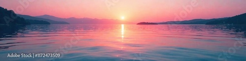 Soft pink and orange hues of a sunset merge with gentle waves in a serene lake, gradient, nature, serene landscape