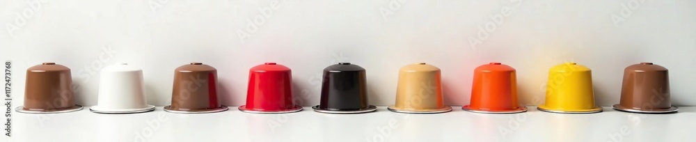 Coffee capsules stacked in vertical rows on a clean white surface, organized, arrangement Coffee capsules stacked in vertical rows on a clean white surface, organized, arrangement