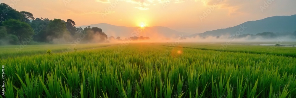 Misty dawn creeps over the paddy field as morning sunlight slowly rises above the horizon, , rice paddies Misty dawn creeps over the paddy field as morning sunlight slowly rises above the horizon, , rice paddies