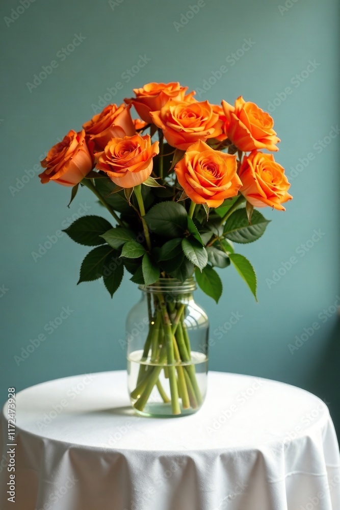 Obraz premium Orange roses stacked high on a simple white tablecloth, fabric, high