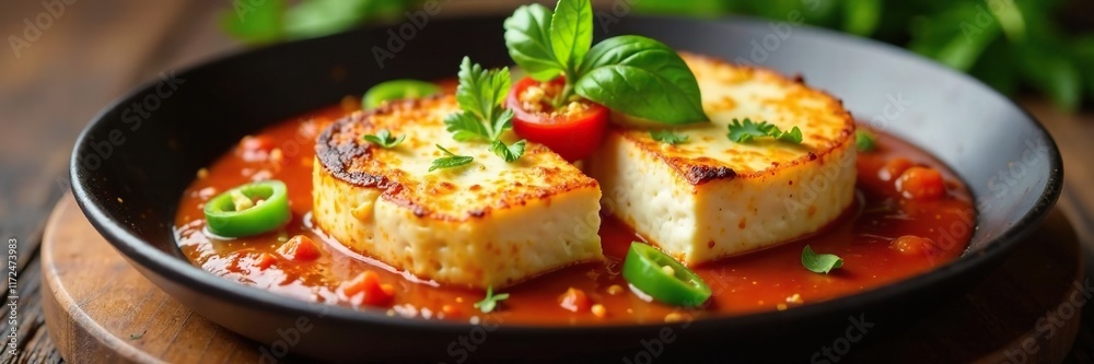 Pan-seared paneer with green capsicum and red gravy, cheese, creamy sauce, red gravy Pan-seared paneer with green capsicum and red gravy, cheese, creamy sauce, red gravy
