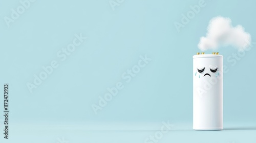 Sad Expression on a Battery with Smoke Emitting from the Top, Representing Low Power or Depletion Against a Soft Blue Background