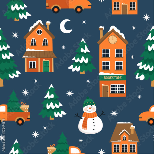Seamless pattern with painted winter houses and trees for Christmas fabrics and decor.