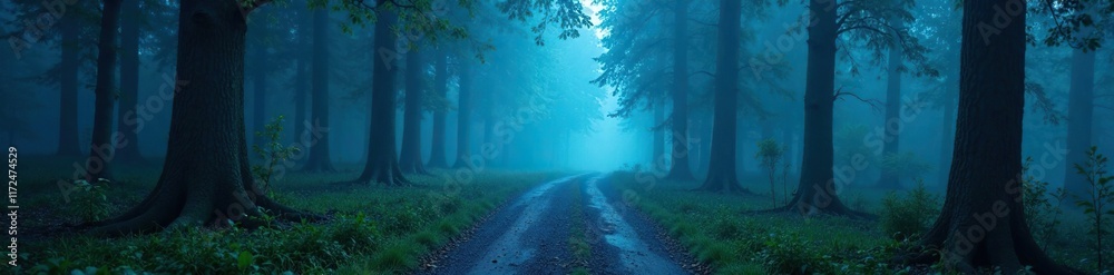 Fototapeta premium Misty forest path winding through towering trees, illuminated by soft blue glow, blue light, trees, pathway