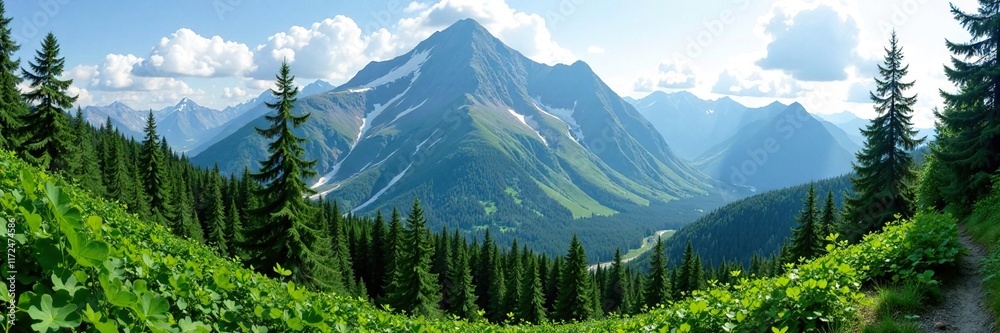 Fototapeta premium Lush green forest and towering mountain range, mountains, alaska