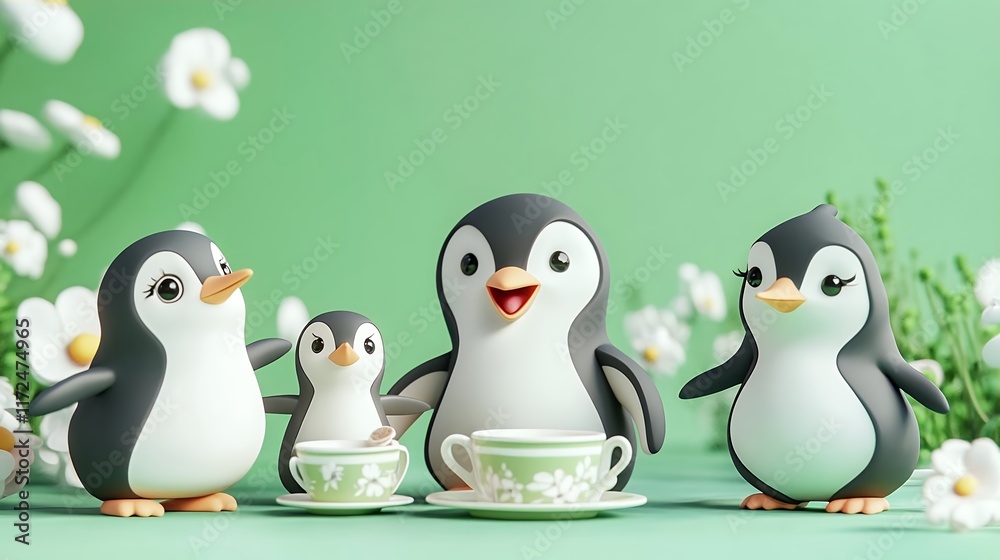 Naklejka premium Charming Penguin Family Enjoying Afternoon Tea in a Whimsical Garden