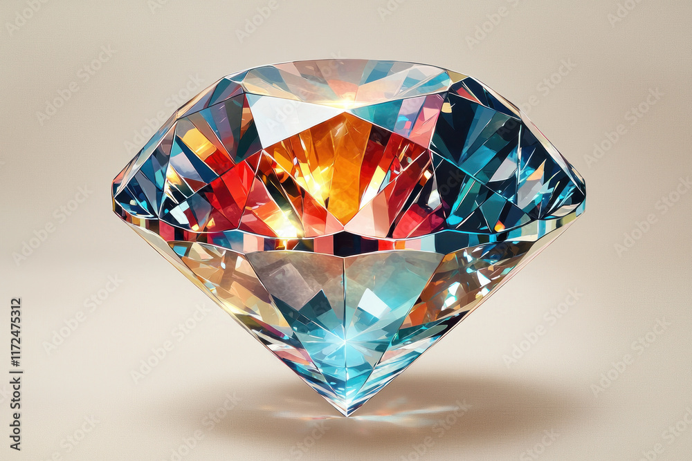 Iridescent diamond gemstone shining on neutral background, subtle light reflections Iridescent diamond gemstone shining on neutral background, subtle light reflections