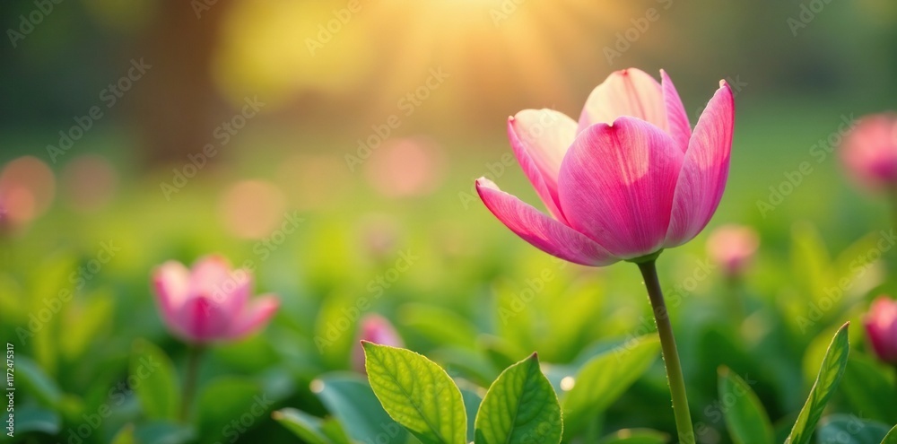 Soft pink petals unfolding in the morning dew, green grass, flowers Soft pink petals unfolding in the morning dew, green grass, flowers