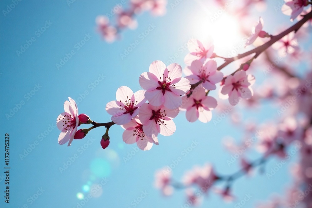 Soft focus on cherry blossom branch under blue sky, branch, sunbeams Soft focus on cherry blossom branch under blue sky, branch, sunbeams