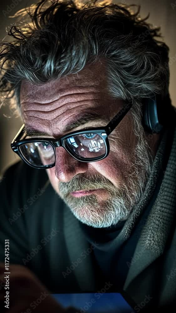 Man with glasses focused on work in a dimly lit environment during the evening Man with glasses focused on work in a dimly lit environment during the evening
