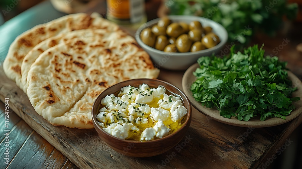 A warm Mediterranean breakfast setup with golden-brown pita bread, a bowl of crumbled feta, marinated olives with herbs, and a side of leafy greens, A warm Mediterranean breakfast setup with golden-brown pita bread, a bowl of crumbled feta, marinated olives with herbs, and a side of leafy greens,