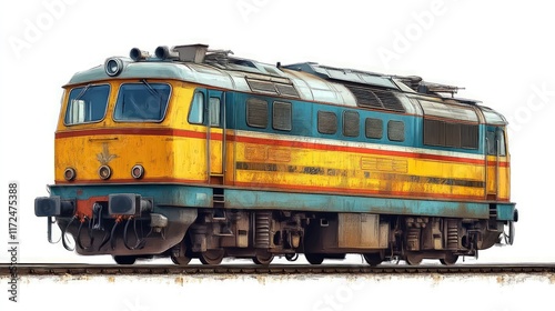 Vintage yellow and blue diesel locomotive on railway tracks, isolated on white background.