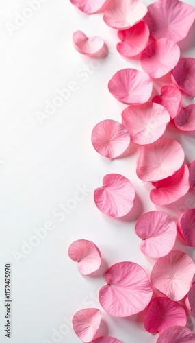 Soft pink rose petals scattered on a white background, nature, white