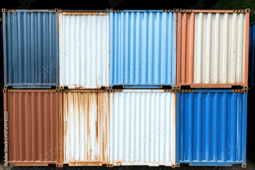 Close-up of shipping containers with visible rust and scratches photo