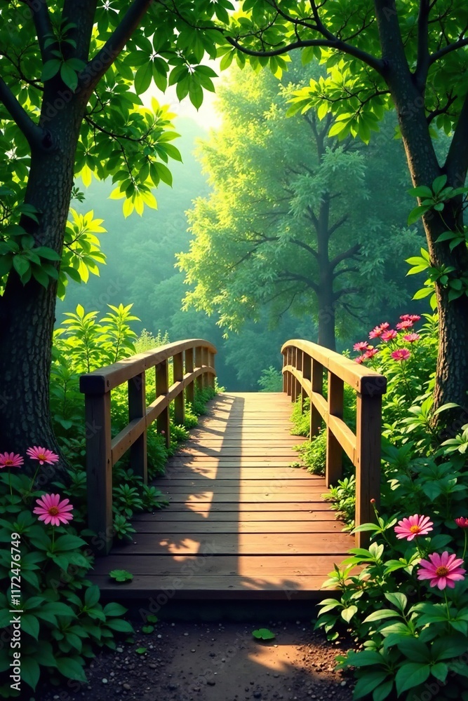 Dense foliage surrounds the wooden bridge path, sunlight filtering through, bridge, flowers Dense foliage surrounds the wooden bridge path, sunlight filtering through, bridge, flowers