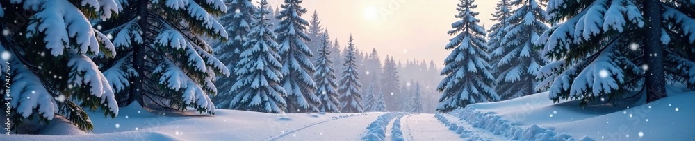 Naklejka premium Snowflakes gently falling on the forest canopy, forest in winter, serene, snowy scene