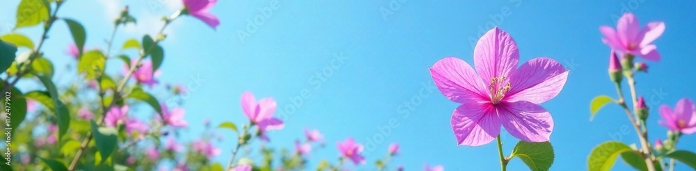 Fototapeta premium Blooming violet allamanda under clear blue sky with empty space, botanical, greenery, blooming