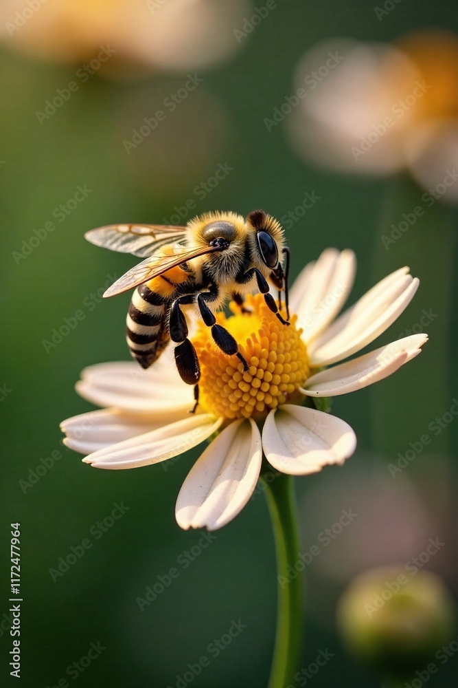 Bee with yellow and black stripes on a flower in the spring, bees, wildlife Bee with yellow and black stripes on a flower in the spring, bees, wildlife
