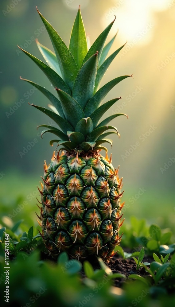 Pineapple tree in the morning mist with dew drops, morning, foggy, organic Pineapple tree in the morning mist with dew drops, morning, foggy, organic