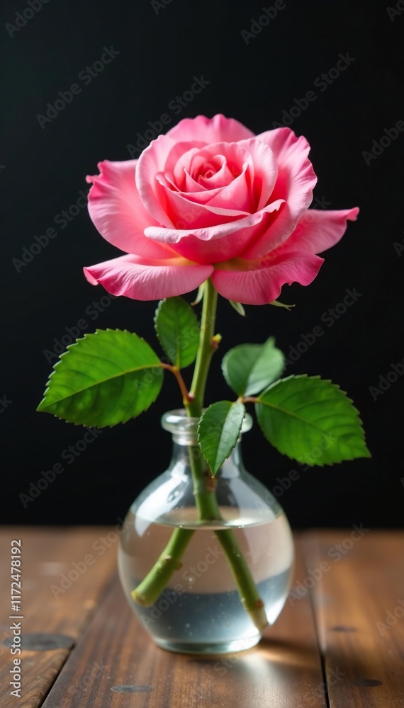 Fototapeta premium Single pink rose blooms in a small glass vase on a wooden table, stem, flower