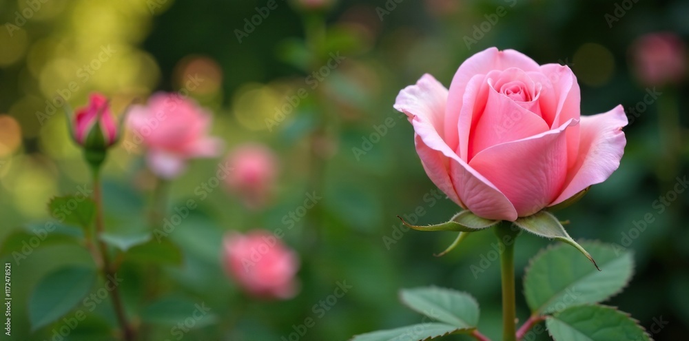 Delicate pink rose with tightly closed buds in a lush garden, pink, garden, bloom Delicate pink rose with tightly closed buds in a lush garden, pink, garden, bloom