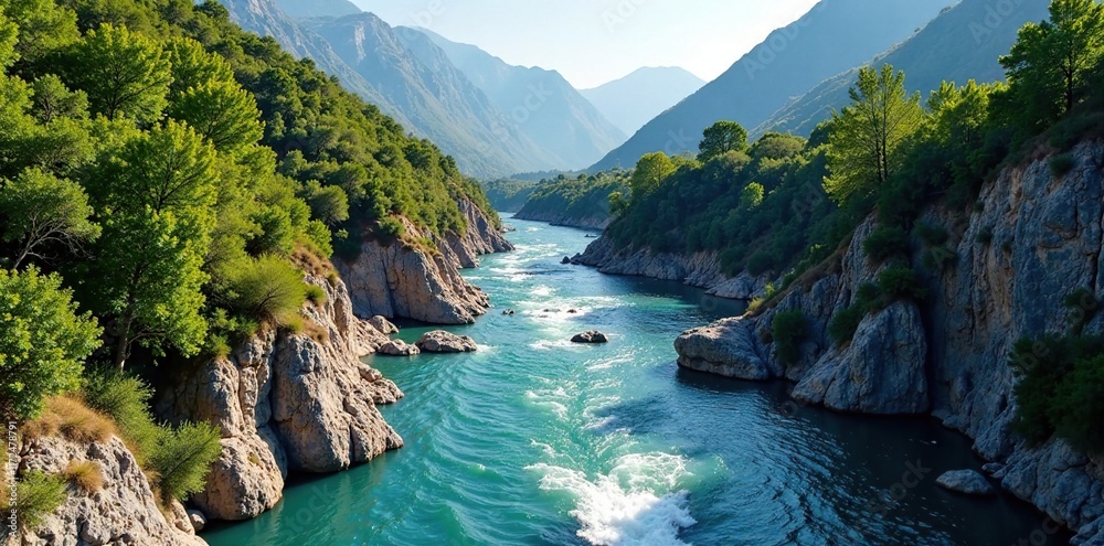Obraz premium Trevelez river carving its path through steep cliff, erosion, terrain, riverbank