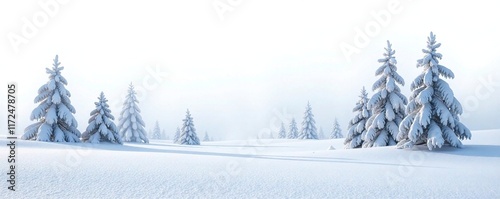 Snowy landscape with frozen trees isolated on white background, snowfield, nature, snow