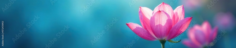 Delicate pink petals unfurl in a brilliant blue atmosphere, serene, calming Delicate pink petals unfurl in a brilliant blue atmosphere, serene, calming