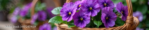 Fresh purple pansies in a woven rattan basket, basket, floral arrangement
