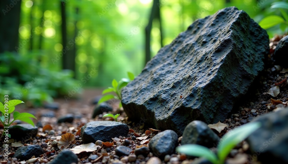 Fototapeta premium Rough textured volcanic rock amidst forest foliage, stone, geology